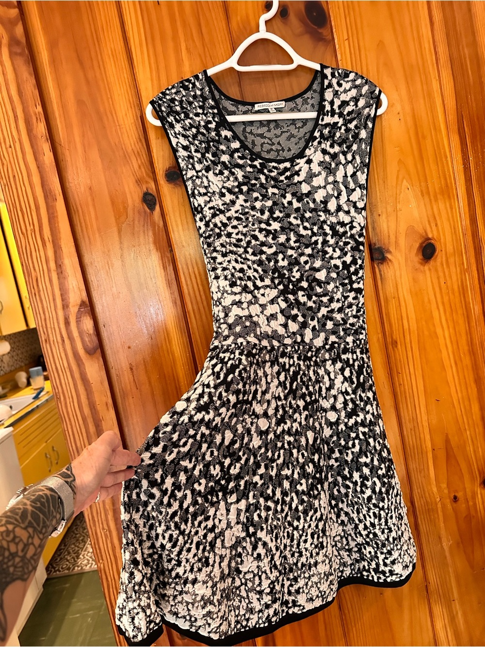 Rebecca Minkoff Black and White Sleeveless Midi Fit-and-Flare Dress